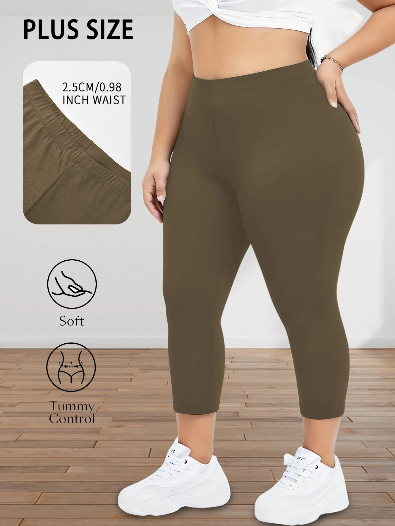 Legginsy capri plus size do ćwiczeń i biegania nieprzeświecające Brązowy