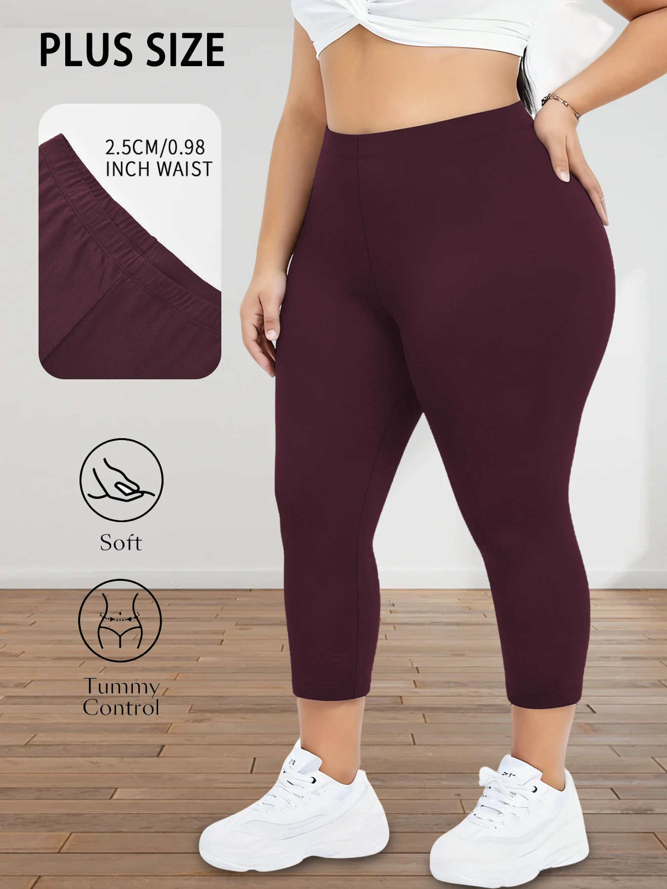 Legginsy capri plus size do ćwiczeń i biegania nieprzeświecające Burgundia