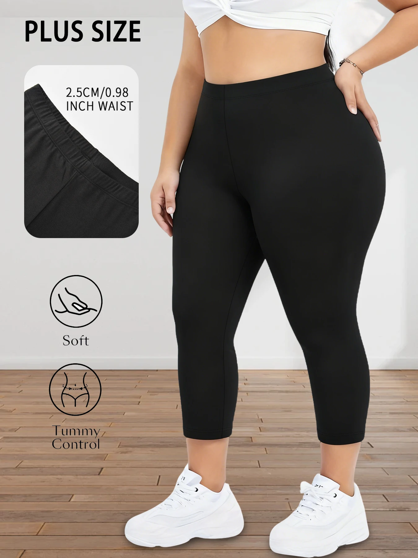 Legginsy capri plus size do ćwiczeń i biegania nieprzeświecające Czarny