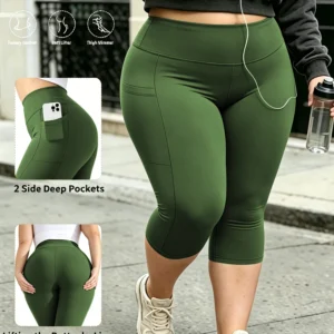 Legginsy capri plus size z kieszeniami na trening Armijna zieleń
