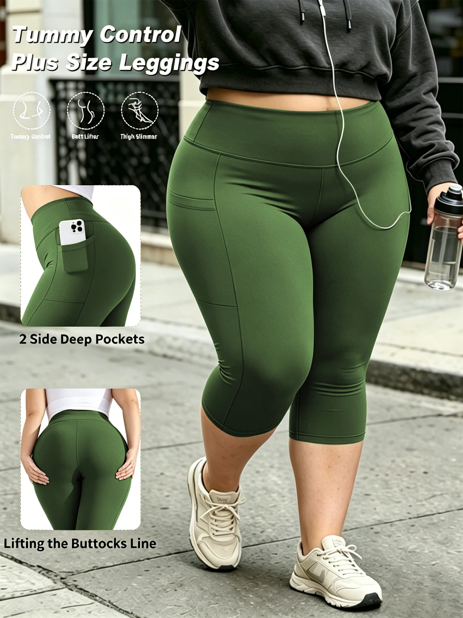 Legginsy capri plus size z kieszeniami na trening Armijna zieleń