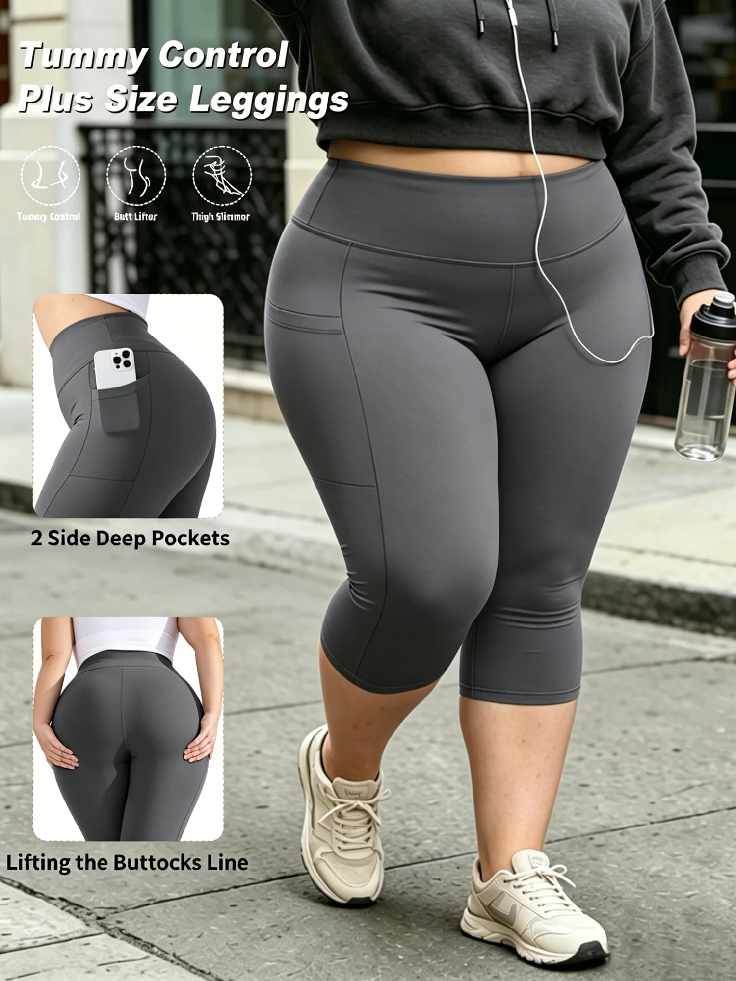 Legginsy capri plus size z kieszeniami na trening Ciemnoszary