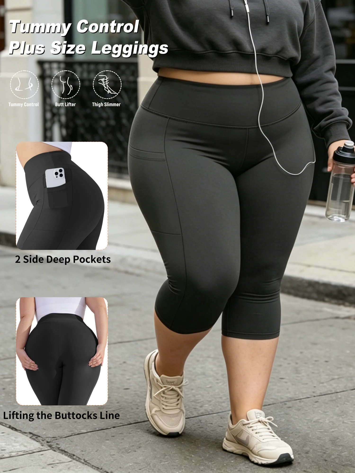 Legginsy capri plus size z kieszeniami na trening Czarny
