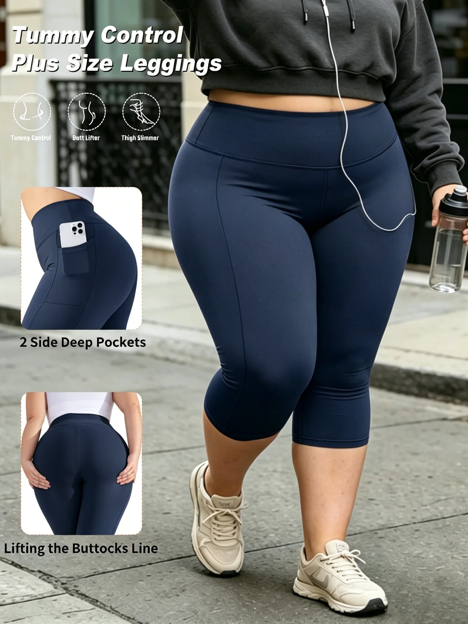 Legginsy capri plus size z kieszeniami na trening Granatowy