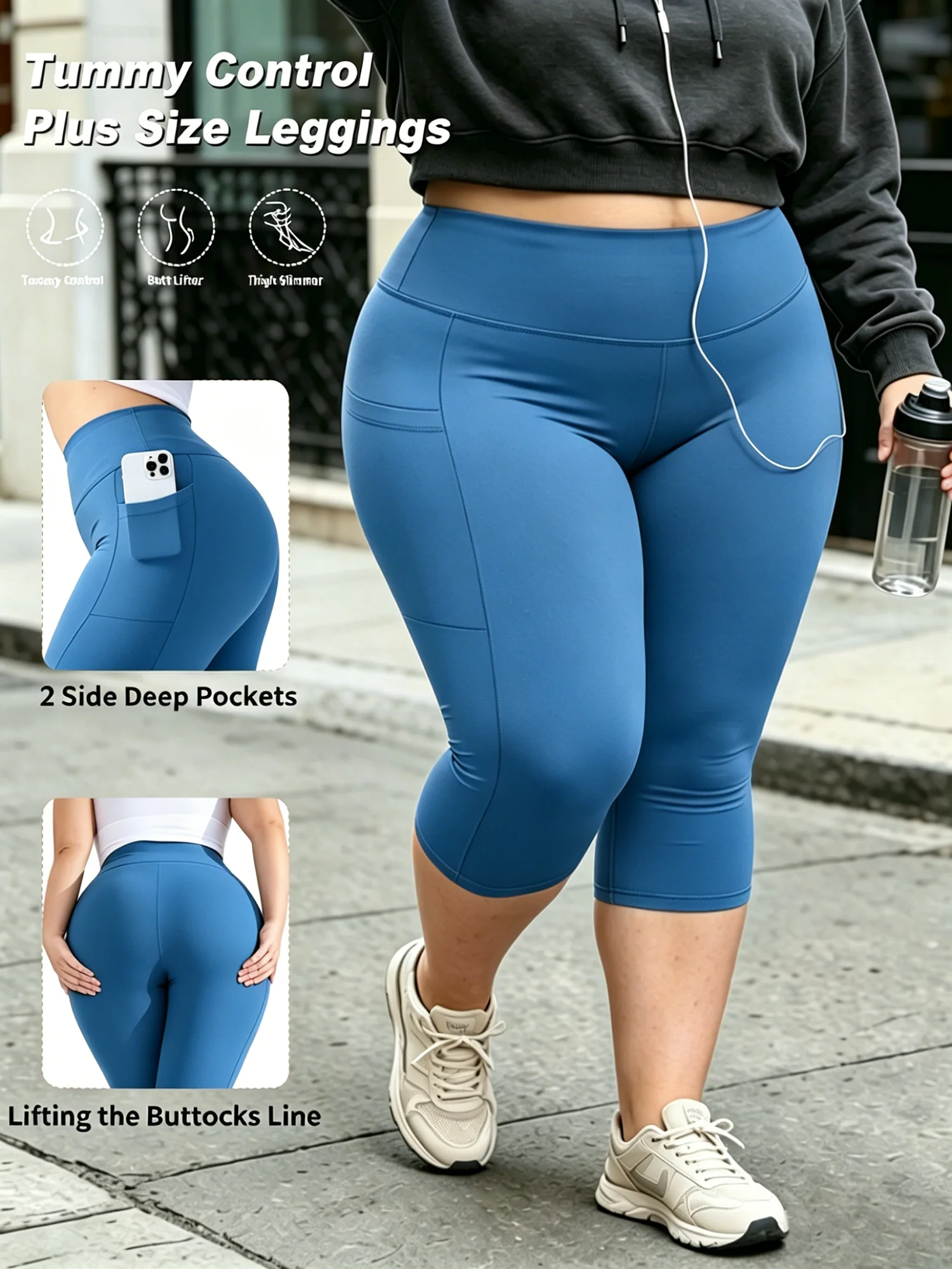 Legginsy capri plus size z kieszeniami na trening Niebieski