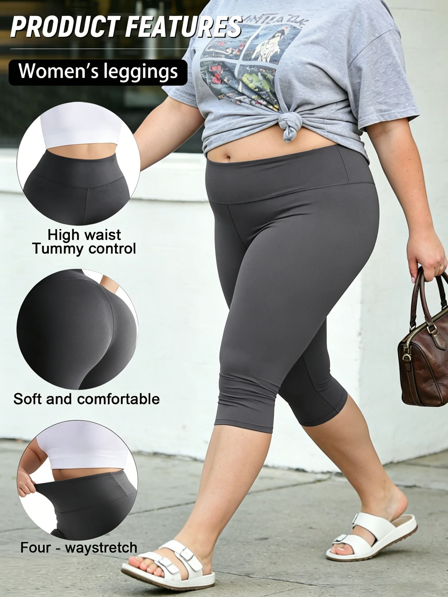 Legginsy capri damskie plus size z wysokim stanem Ciemnoszary