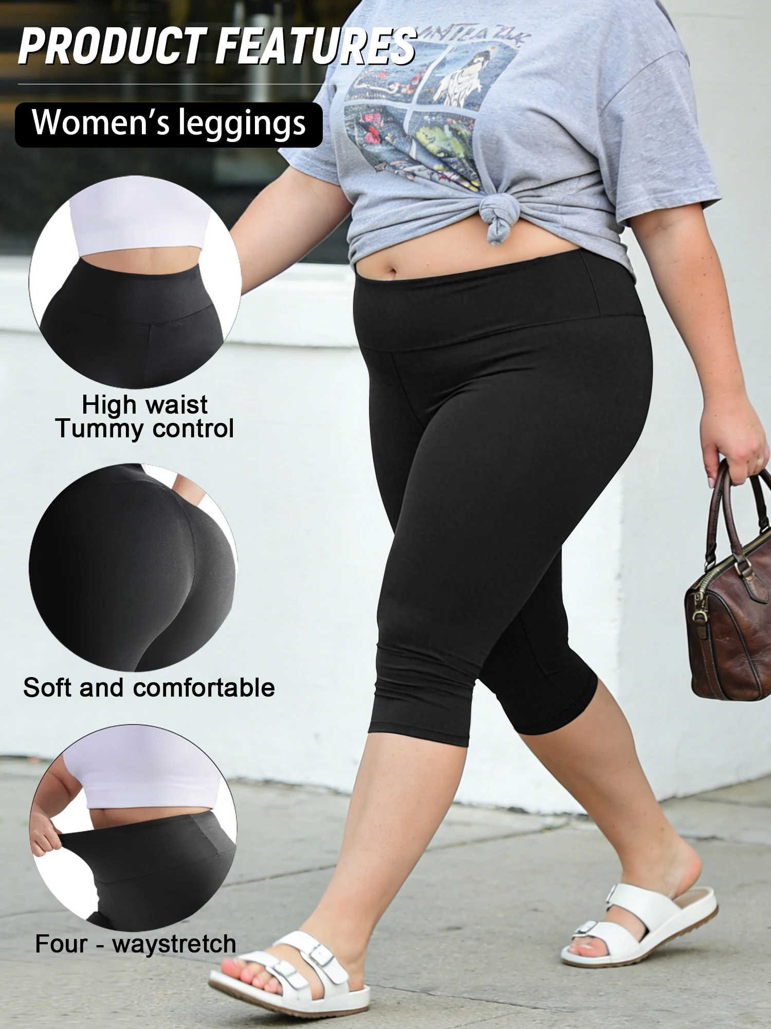 Legginsy capri damskie plus size z wysokim stanem Czarny