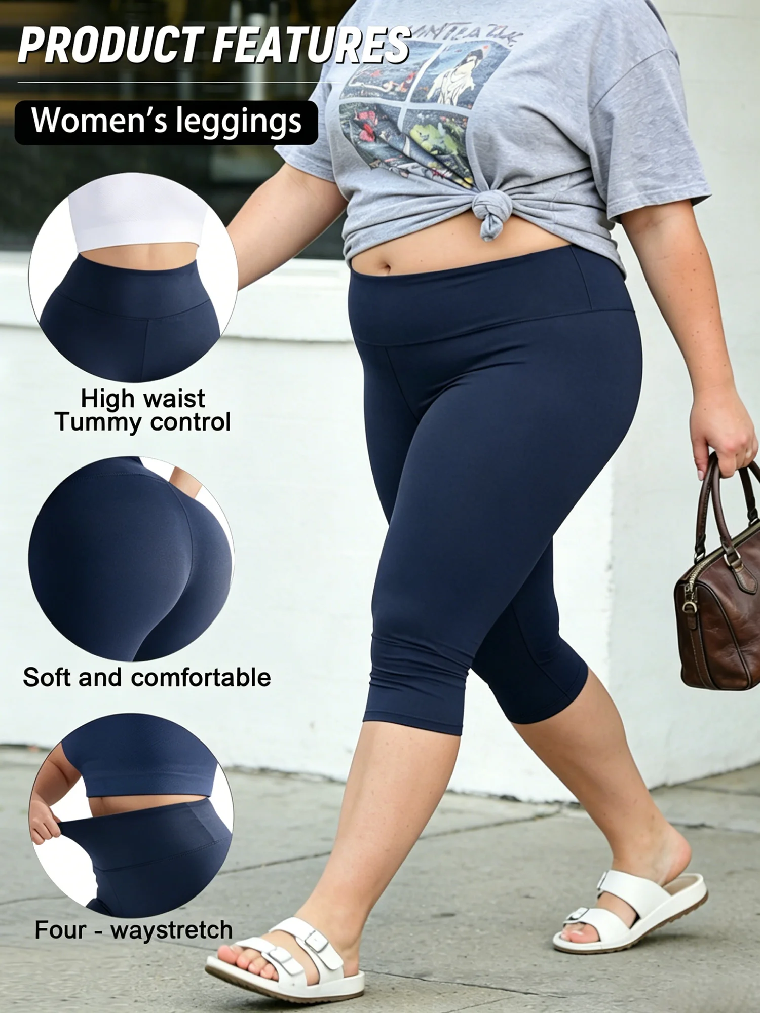 Legginsy capri damskie plus size z wysokim stanem Granatowy