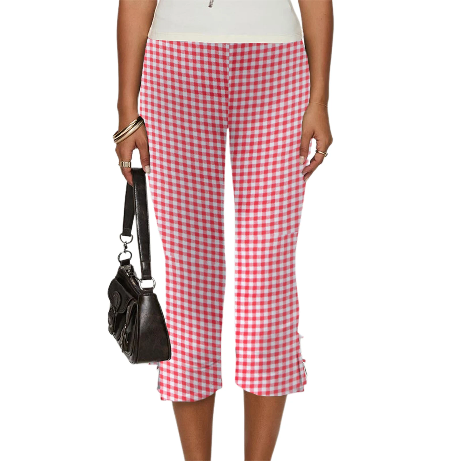 Legginsy capri z kokardką damskie streetwear Czerwony
