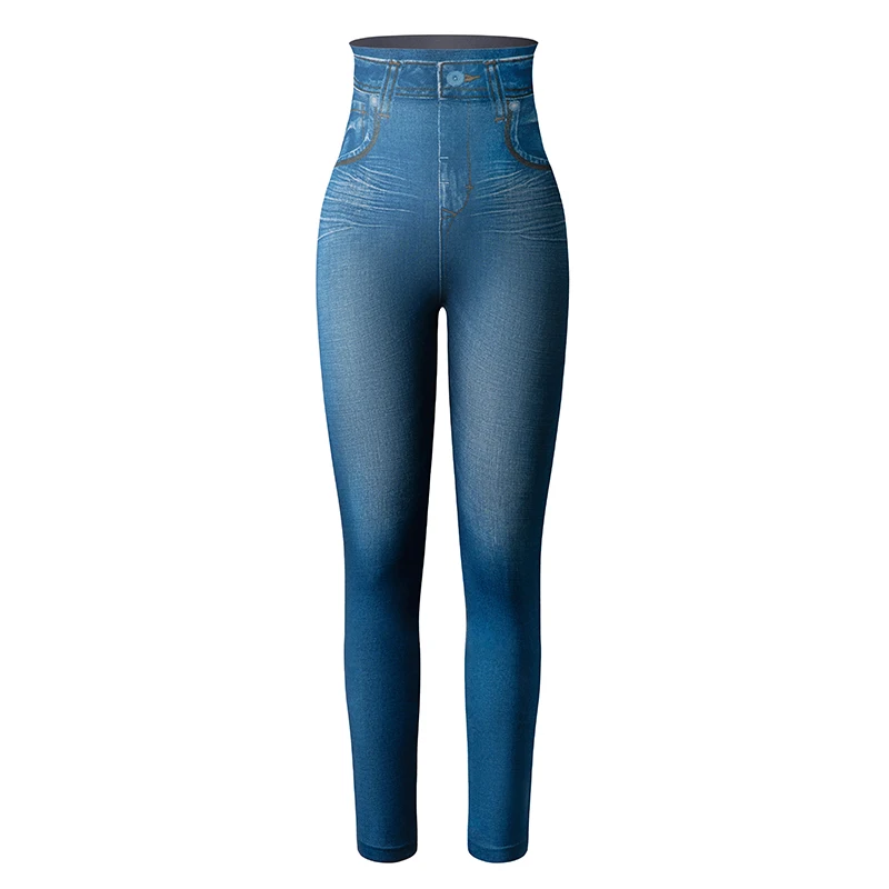 Legginsy damskie imitacja denimu wysoki stan obcisłe Niebieski