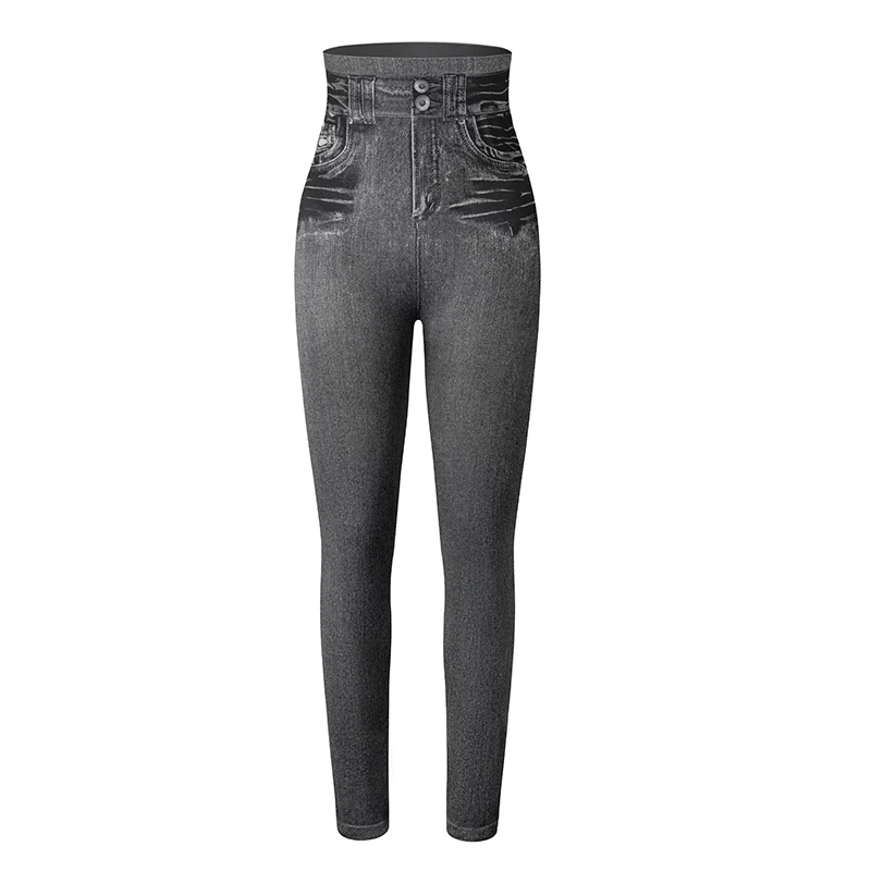 Legginsy damskie imitacja denimu wysoki stan obcisłe Szary