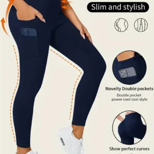 Legginsy damskie z wysokim stanem i kieszeniami do ćwiczeń Ciemny niebieski