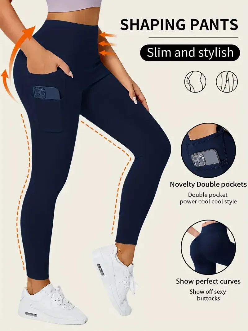 Legginsy damskie z wysokim stanem i kieszeniami do ćwiczeń Ciemny niebieski