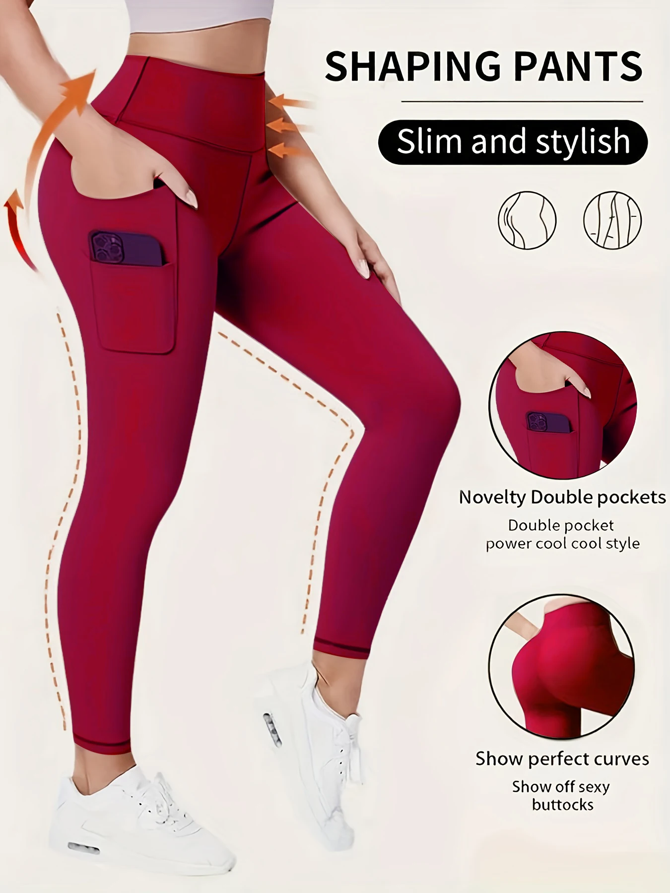 Legginsy damskie z wysokim stanem i kieszeniami do ćwiczeń Czerwony