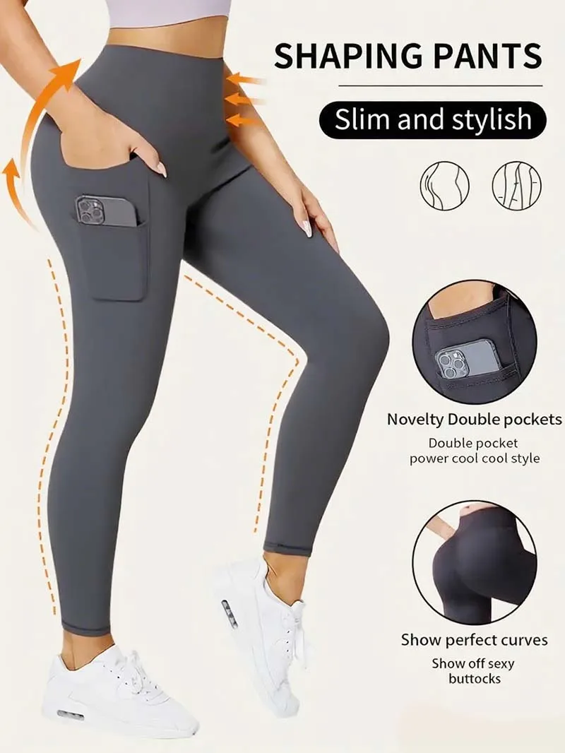 Legginsy damskie z wysokim stanem i kieszeniami do ćwiczeń Szary