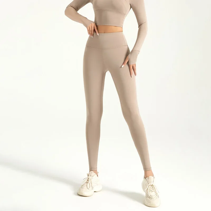 Legginsy damskie 3/4 z wysokim stanem do jogi i fitnessu Khaki