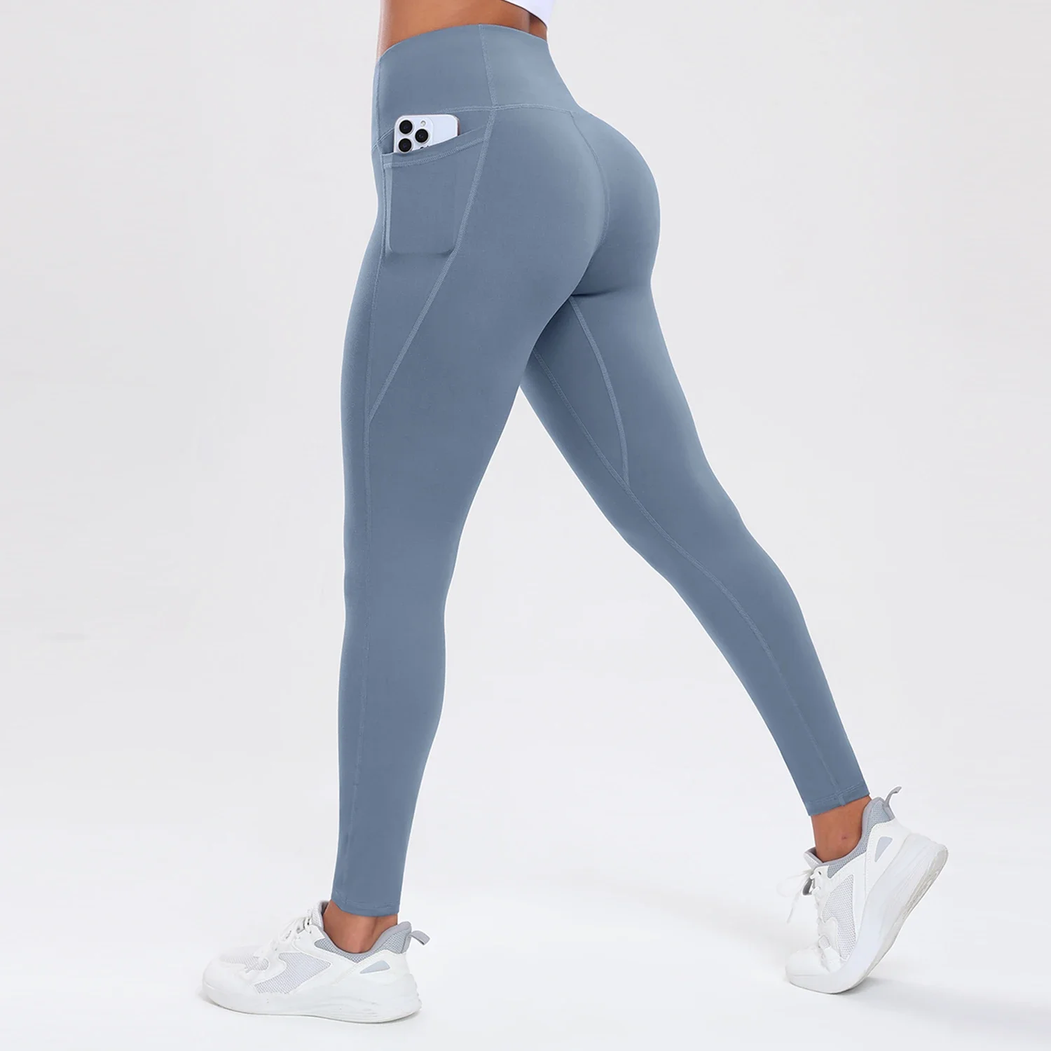 Legginsy fitness z kieszeniami modelujące pośladki i brzuch Ciemny niebieski