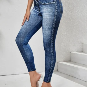 Legginsy damskie imitacja denimu wyszczuplające z wysokim stanem Ciemny niebieski