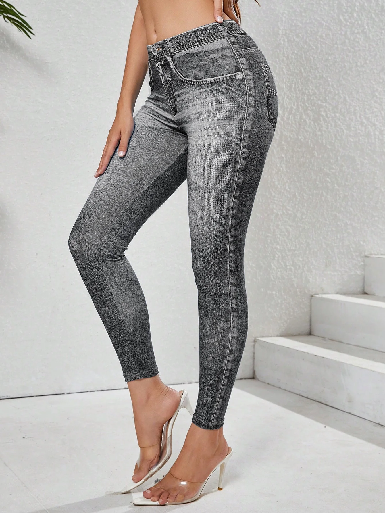 Legginsy damskie imitacja denimu wyszczuplające z wysokim stanem Szary lotos