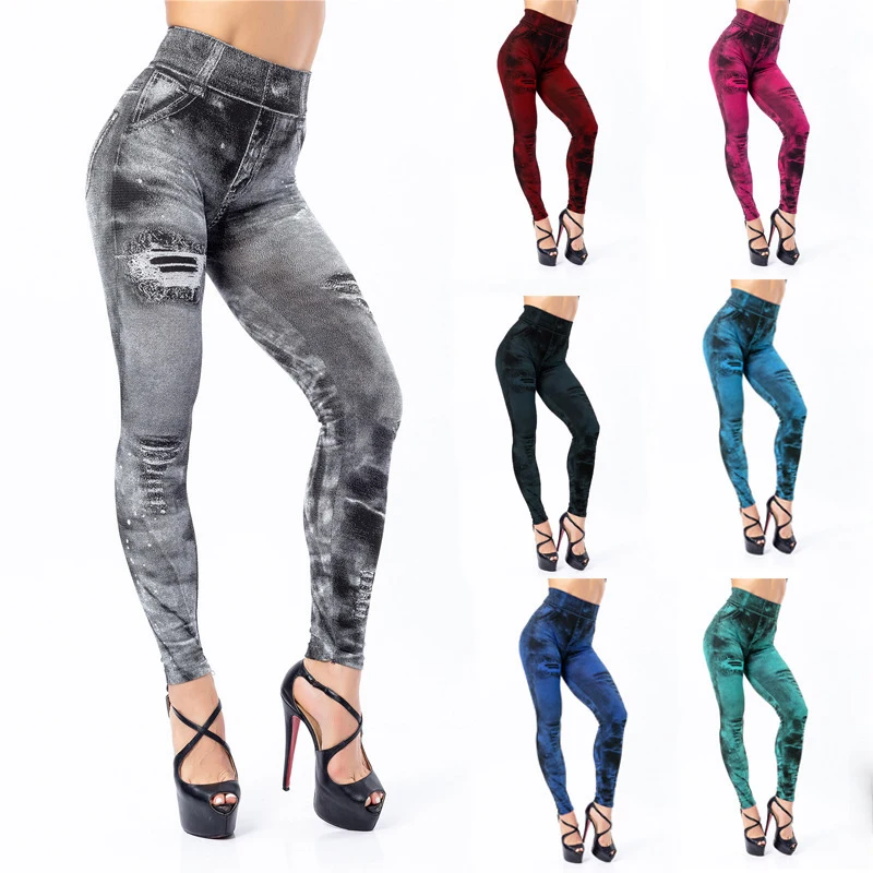 Legginsy imitacja jeansów z wysokim stanem — Slim Push Up Czerwony