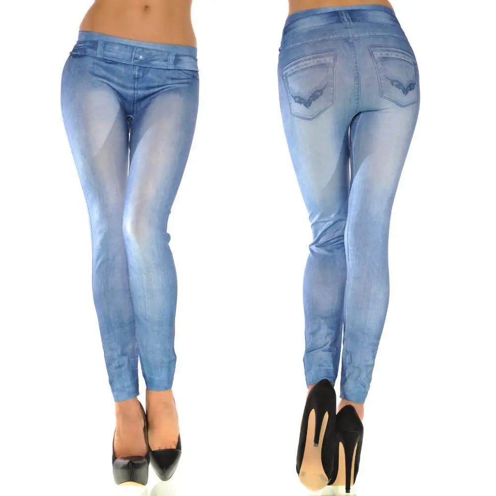 Leggingsy imitacja jeansu damskie skinny elastyczne wyszczuplające Beżowy