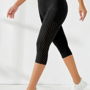 Legginsy do jogi 3/4 z kieszeniami boczymi wyszczuplające brzuch Czarny
