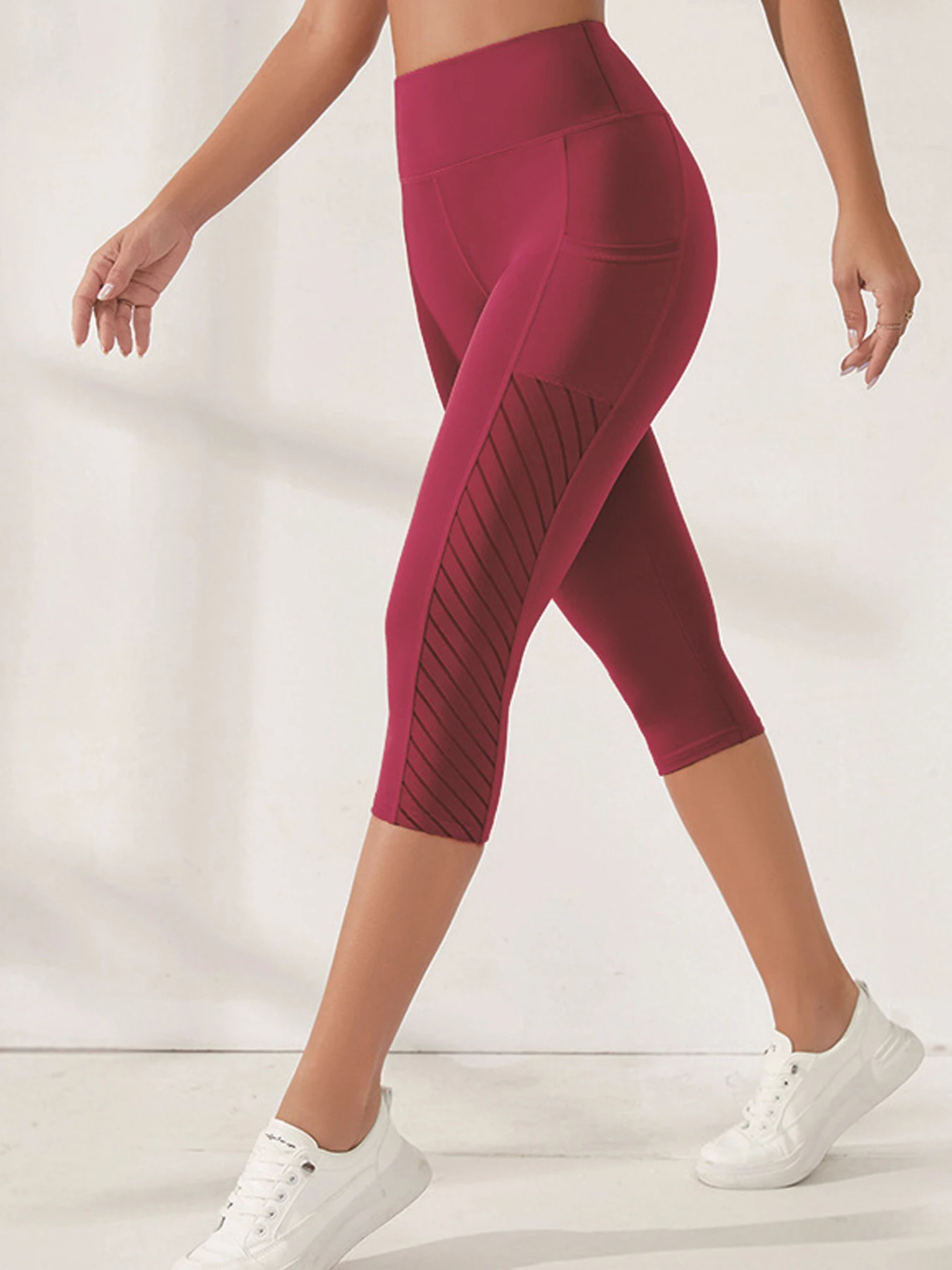 Legginsy do jogi 3/4 z kieszeniami boczymi wyszczuplające brzuch Czerwony