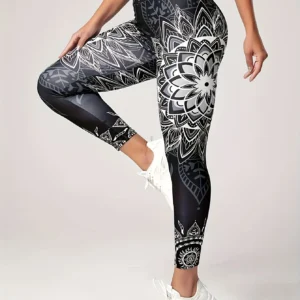 Legginsy z motywem kwiatu lotosu w stylu tuszu Czarny