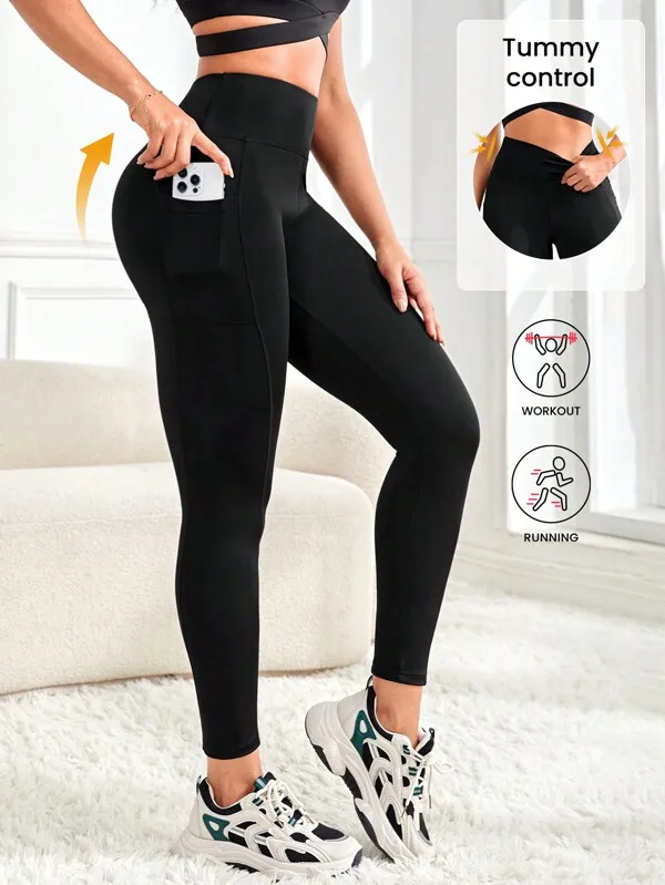 Legginsy sportowe damskie do jogi z kieszeniami wysokim stanem Czarny