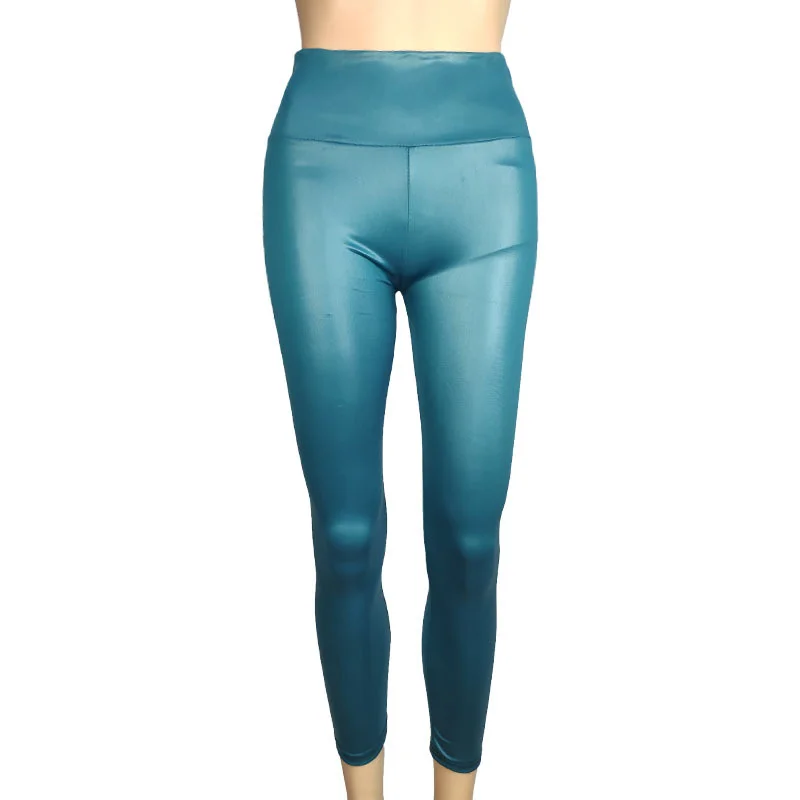 Legginsy ze sztucznej skóry z wysokim stanem Armijna zieleń