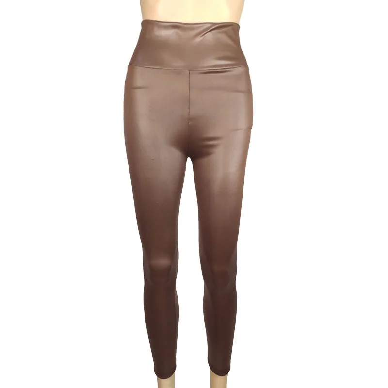Legginsy ze sztucznej skóry z wysokim stanem Brązowy
