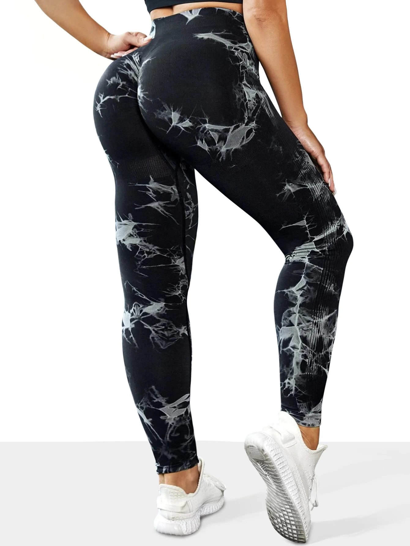 Legginsy tie-dye bezszwowe damskie na siłownię i fitness Czarny