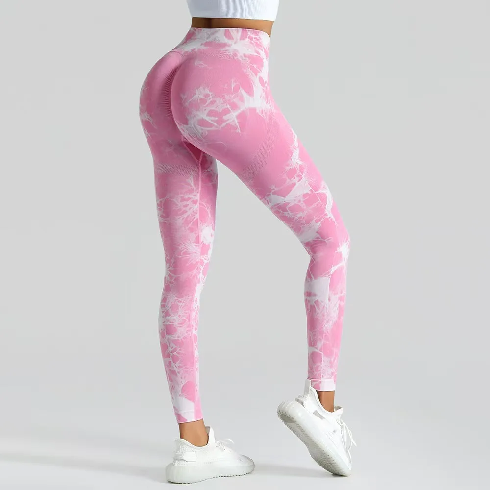 Legginsy tie-dye bezszwowe z wysokim stanem modelujące pośladki Brzoskwiniowy rumieniec