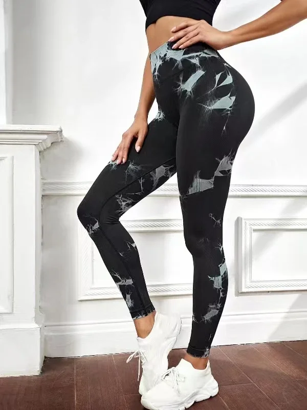 Legginsy tie-dye damskie do jogi miękkie elastyczne z wysokim stanem Czarny