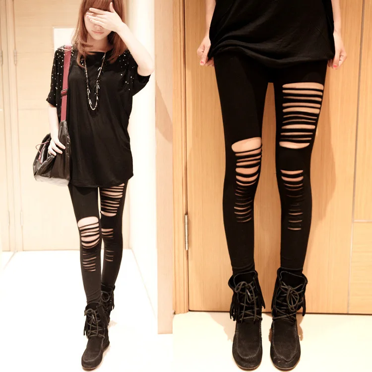 Legginsy z dziurami niski stan seksowne club look damskie Czarny