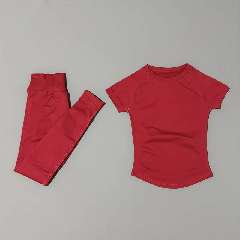 Dwuczęściowy letni komplet damski: T-shirt i spodnie z wysokim stanem Czerwony