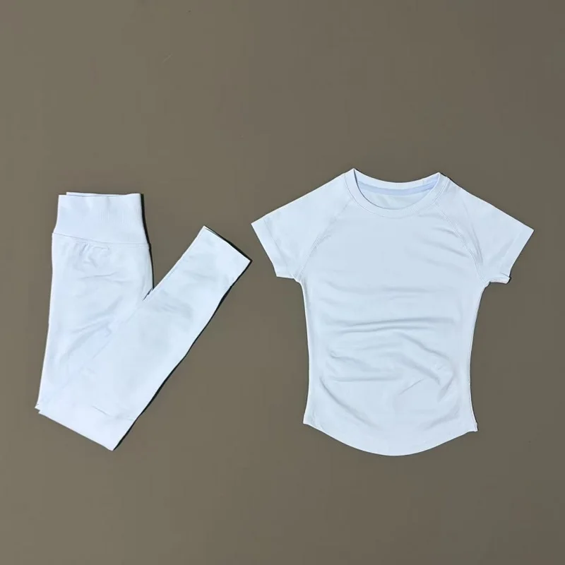 Dwuczęściowy letni komplet damski: T-shirt i spodnie z wysokim stanem Jasny niebieski