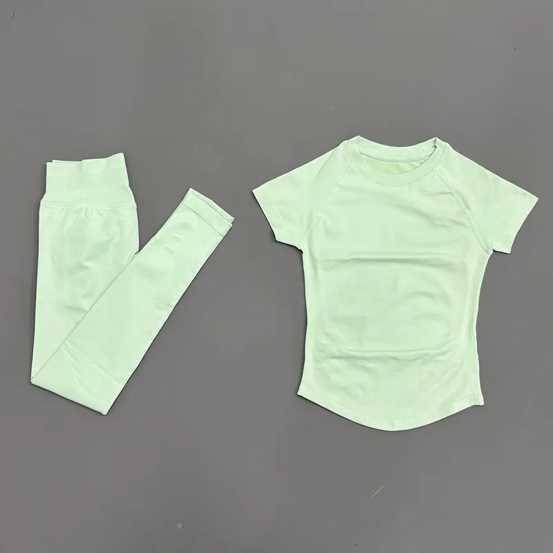 Dwuczęściowy letni komplet damski: T-shirt i spodnie z wysokim stanem Różowe złoto