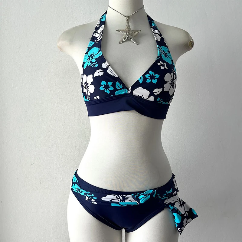 Letni zestaw bikini wiązany na szyję w stylu retro Beżowy