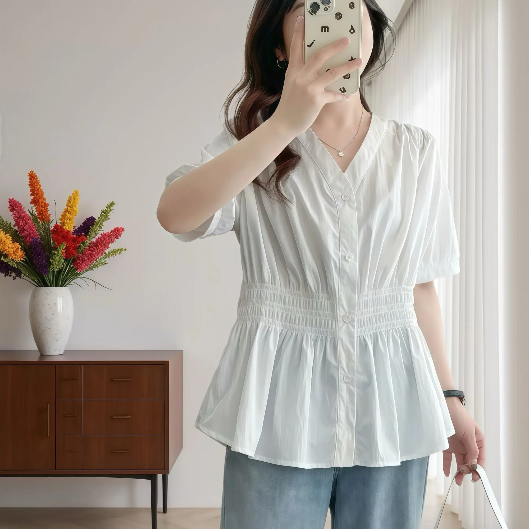 Letnia bluzka plus size z elastyczną talią styl francuski Pomarańczowy