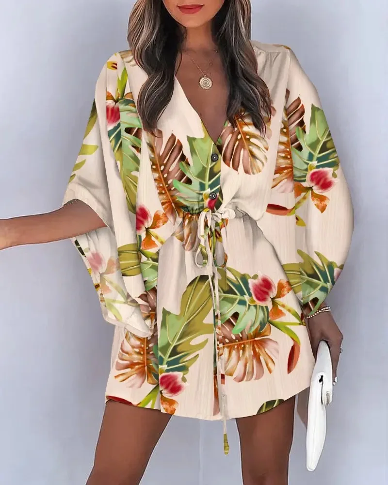 Letnia sukienka boho w kwiatki z rękawem nietoperz Beżowy