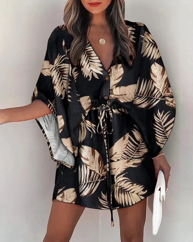 Letnia sukienka boho w kwiatki z rękawem nietoperz Czarny