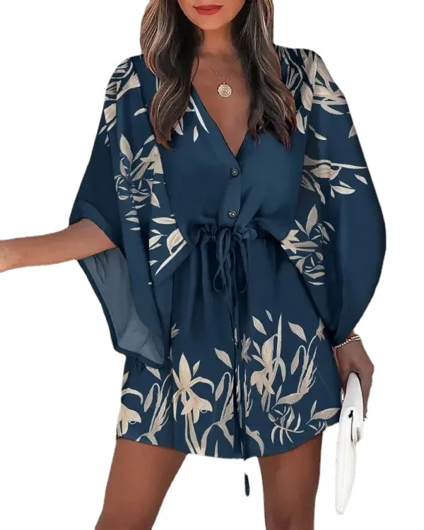 Letnia sukienka boho w kwiatki z rękawem nietoperz Granatowy