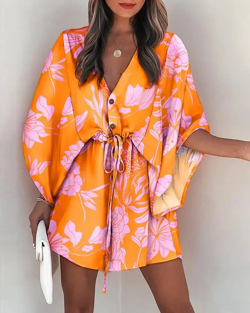 Letnia sukienka boho w kwiatki z rękawem nietoperz Pomarańczowy