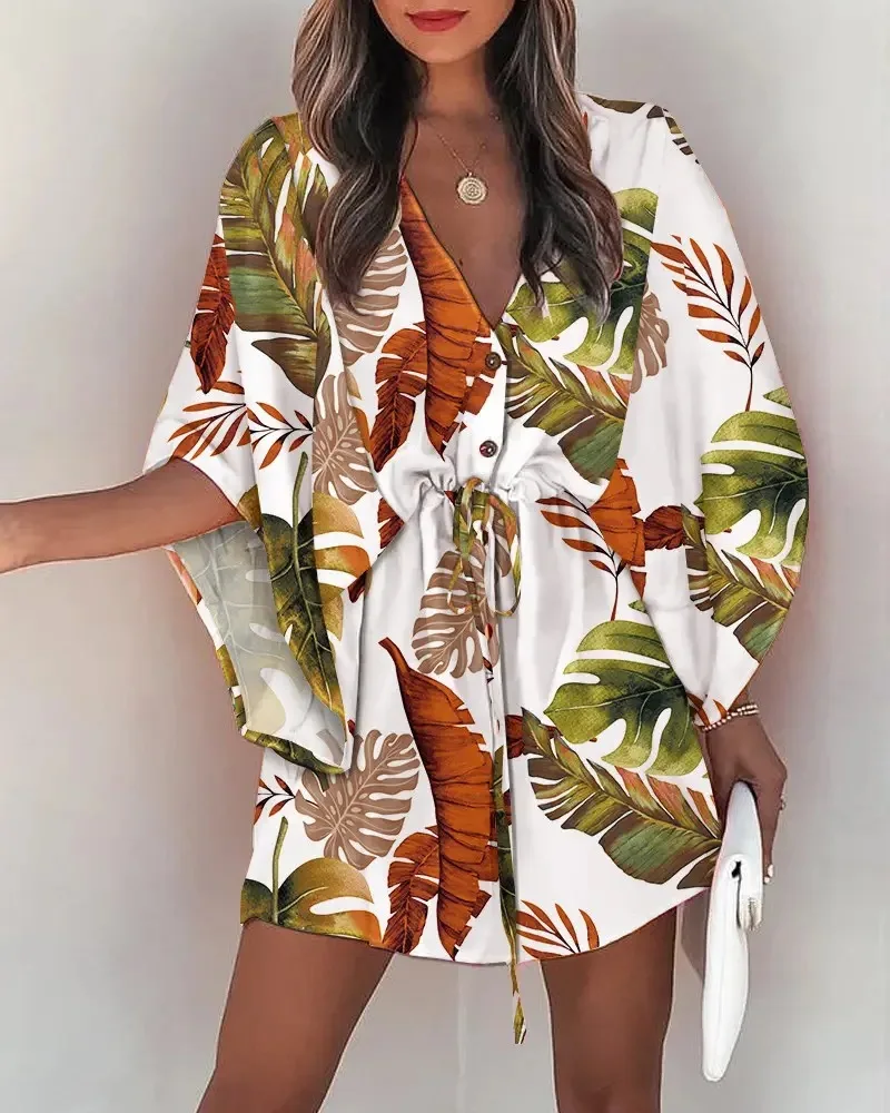 Letnia sukienka boho w kwiatki z rękawem nietoperz Zielony