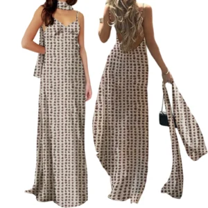 Letnia sukienka boho na ramiączkach w kropki, odkryte plecy Brązowy