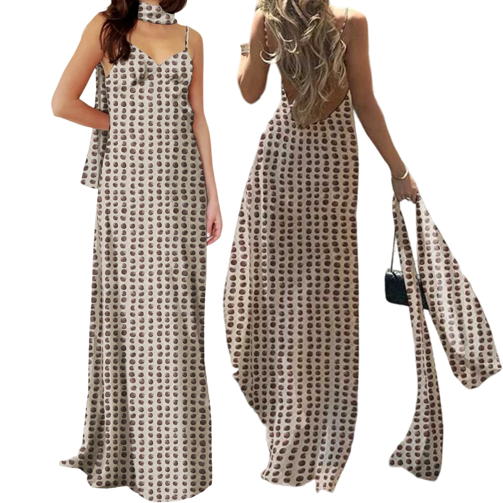 Letnia sukienka boho na ramiączkach w kropki, odkryte plecy Brązowy