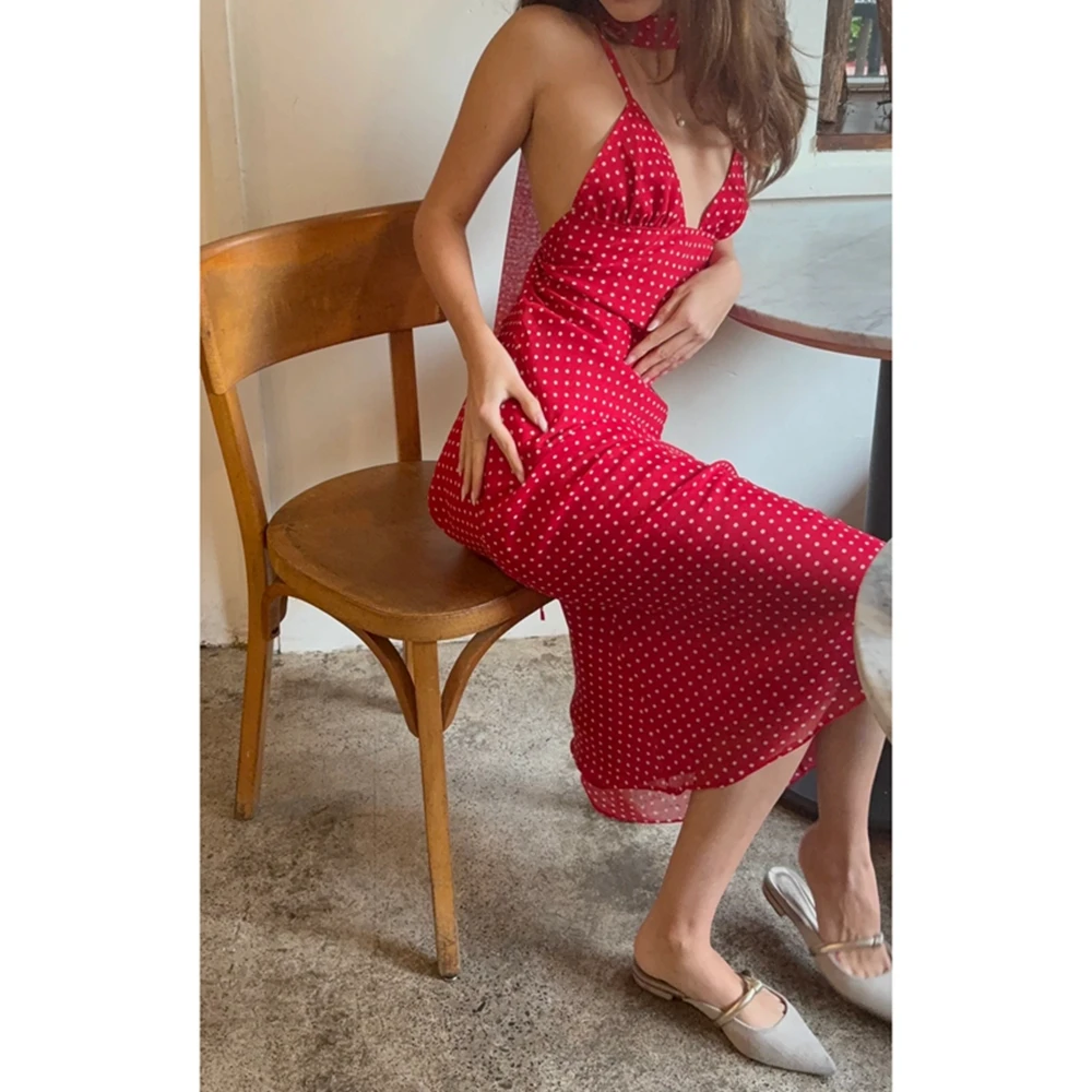 Letnia sukienka boho na ramiączkach w kropki, odkryte plecy Czarny