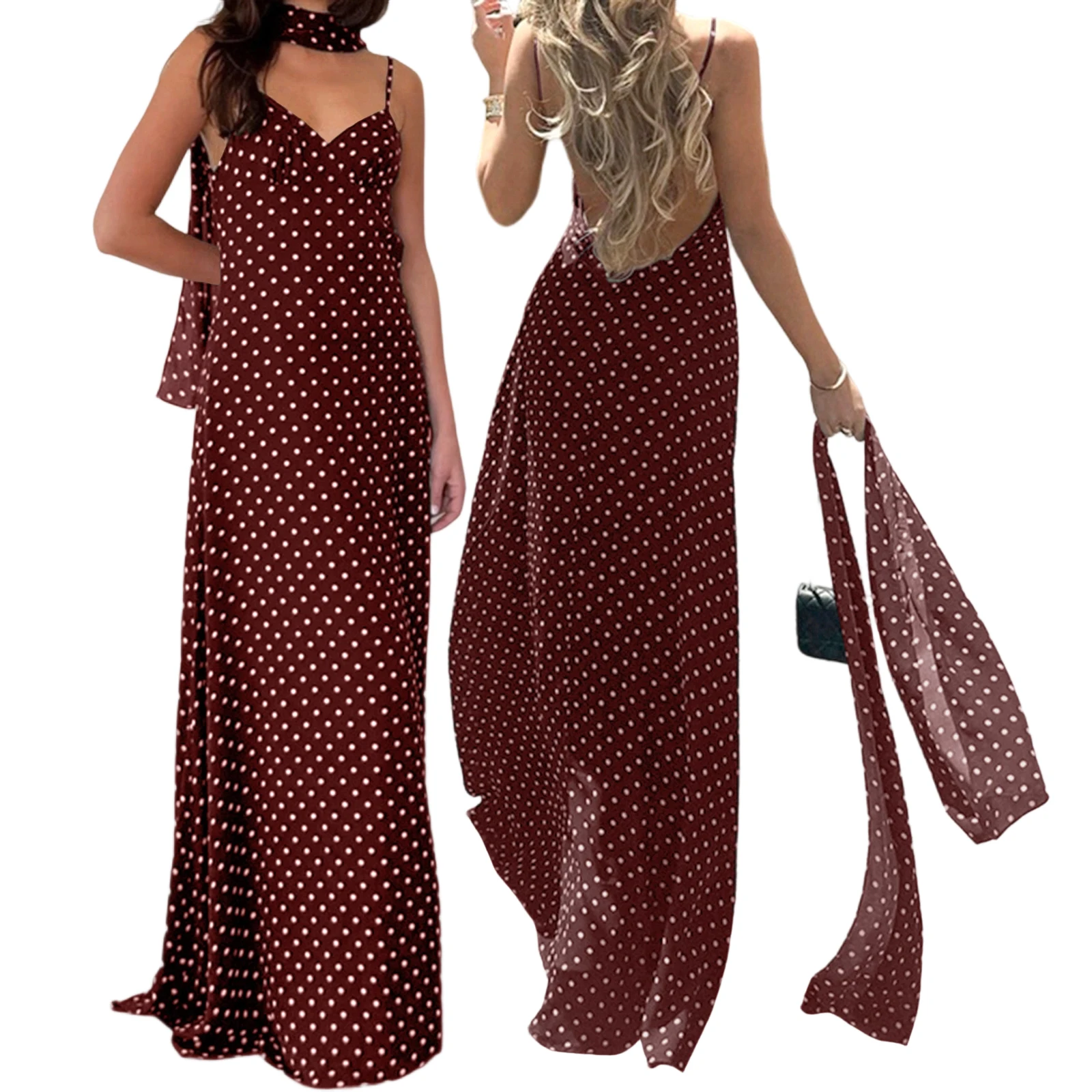 Letnia sukienka boho na ramiączkach w kropki, odkryte plecy Szary