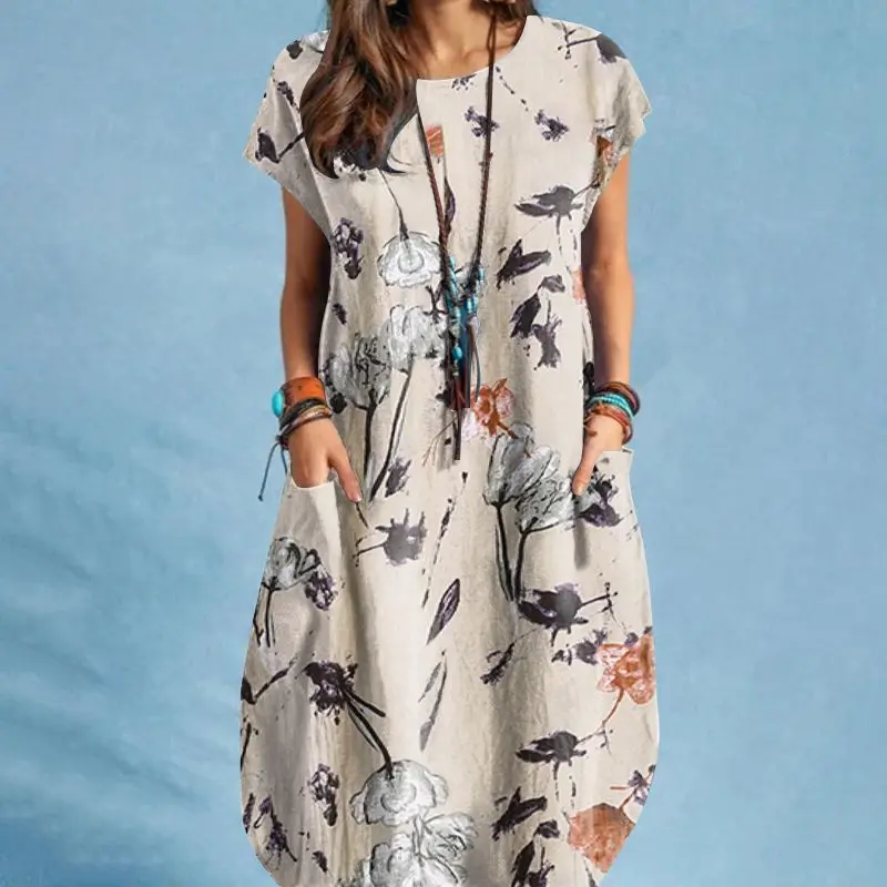 Letnia sukienka boho w kwiaty ZANZEA z kieszeniami Beżowy